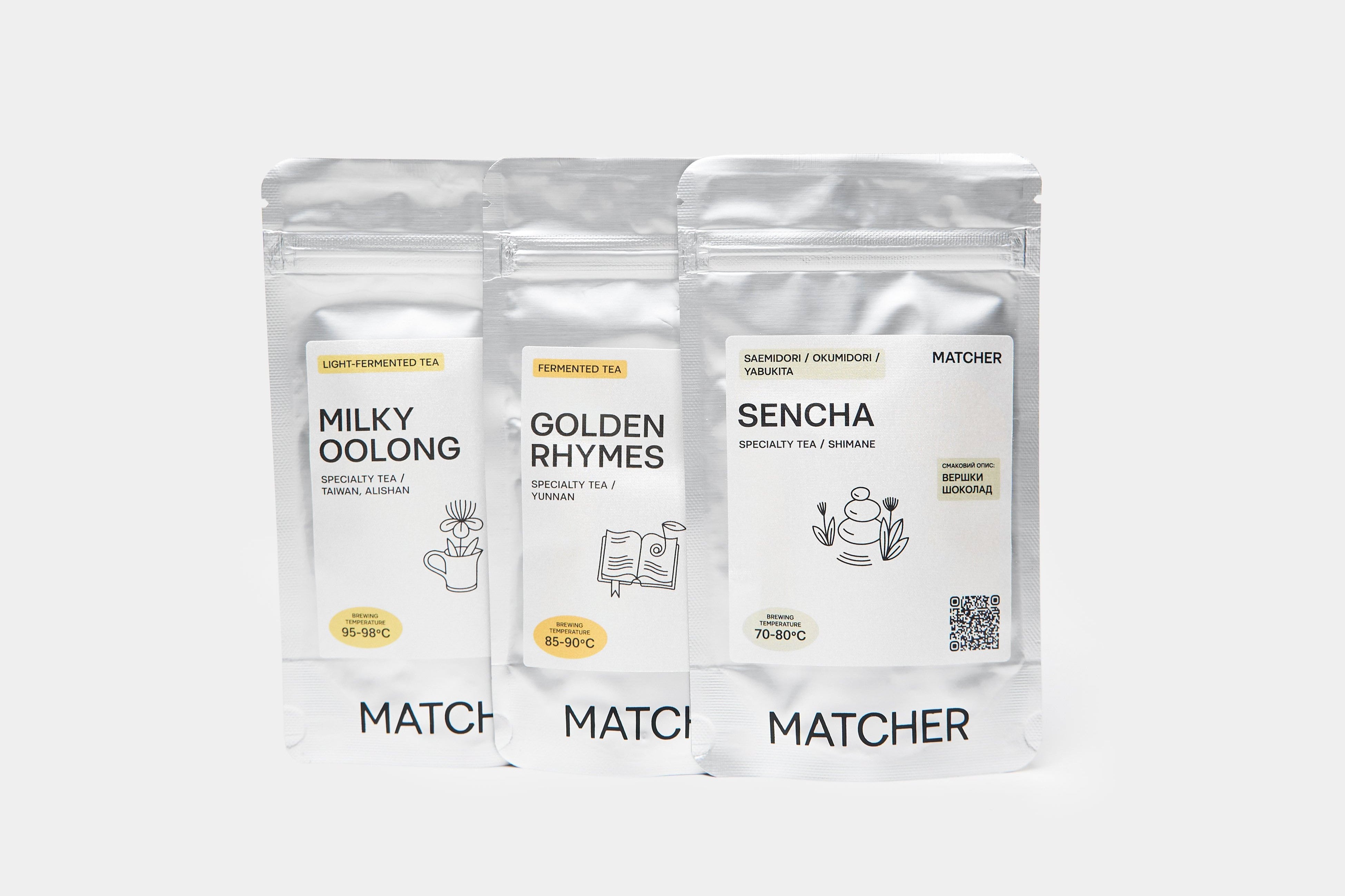 Дегустаційний чайний набір Matcher: Білий чай Ябао, Бірюзовий молочний Улун, Сенча Японія 3шт по 30г